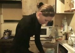 Worn out housewife performs a quick head to her husband