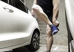 Straight guy walks around car park nude and takes a piss.