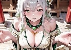 The Fair-Haired Shrine Maiden Strips Teasingly in a Crimson Hall, Shoulders Bared and Thigh