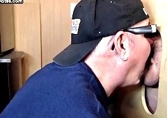 Eager glory hole gaydaddy sucks cock in homemade BJ