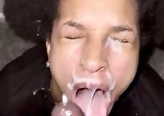 Ebony slut gives rough deepthroat blowjob